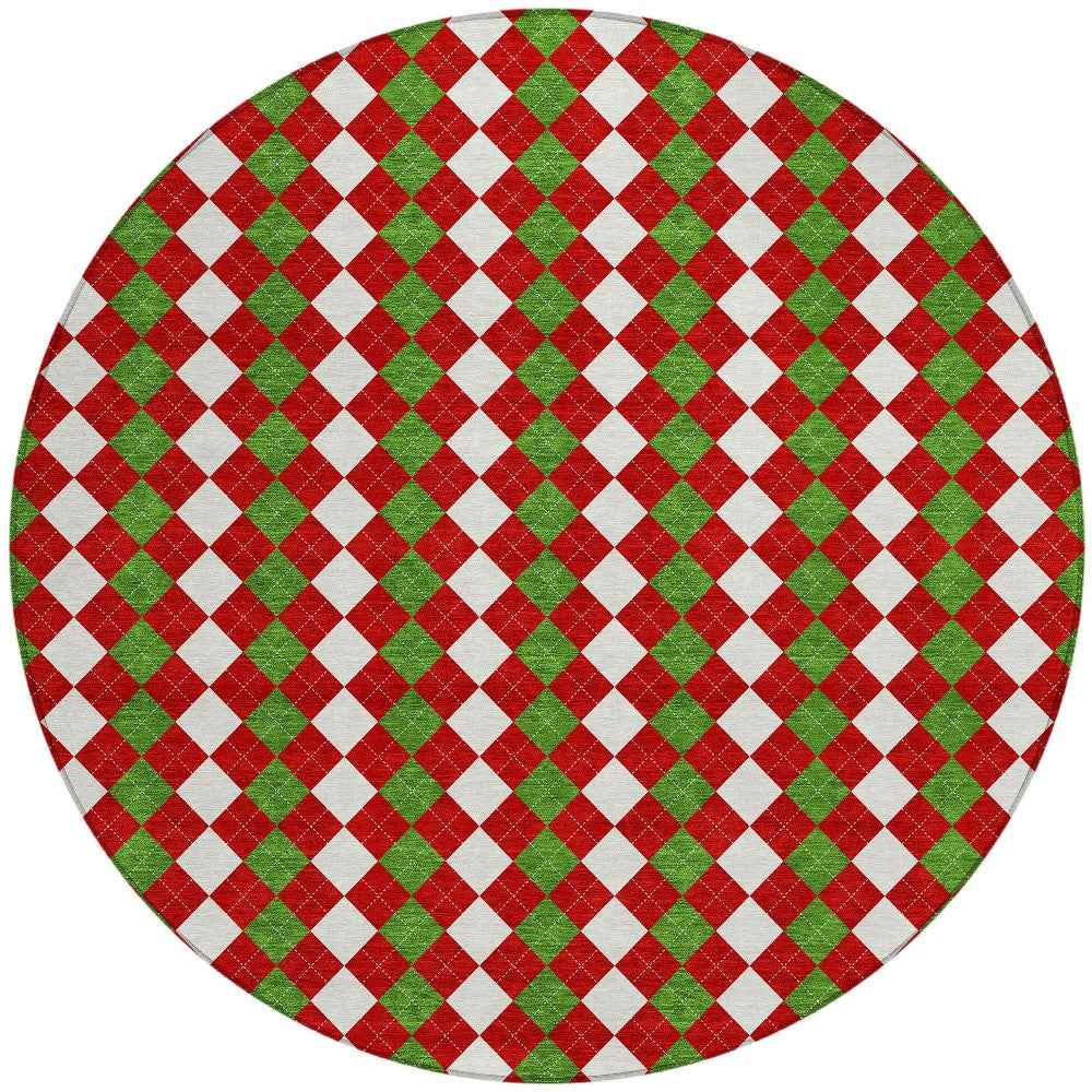 8' Red White And Green Round Argyle Washable Indoor Outdoor Area Rug