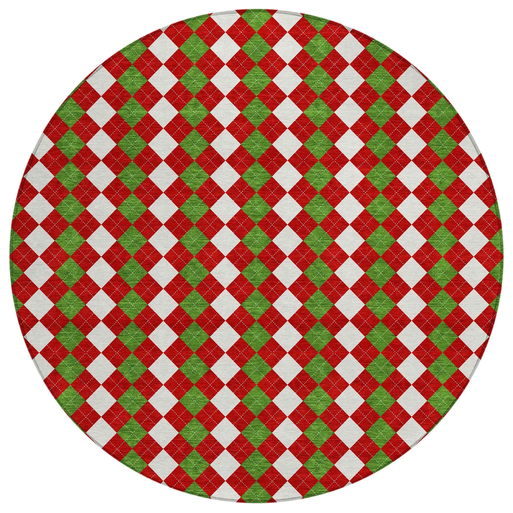 8' Red White And Green Round Argyle Washable Indoor Outdoor Area Rug