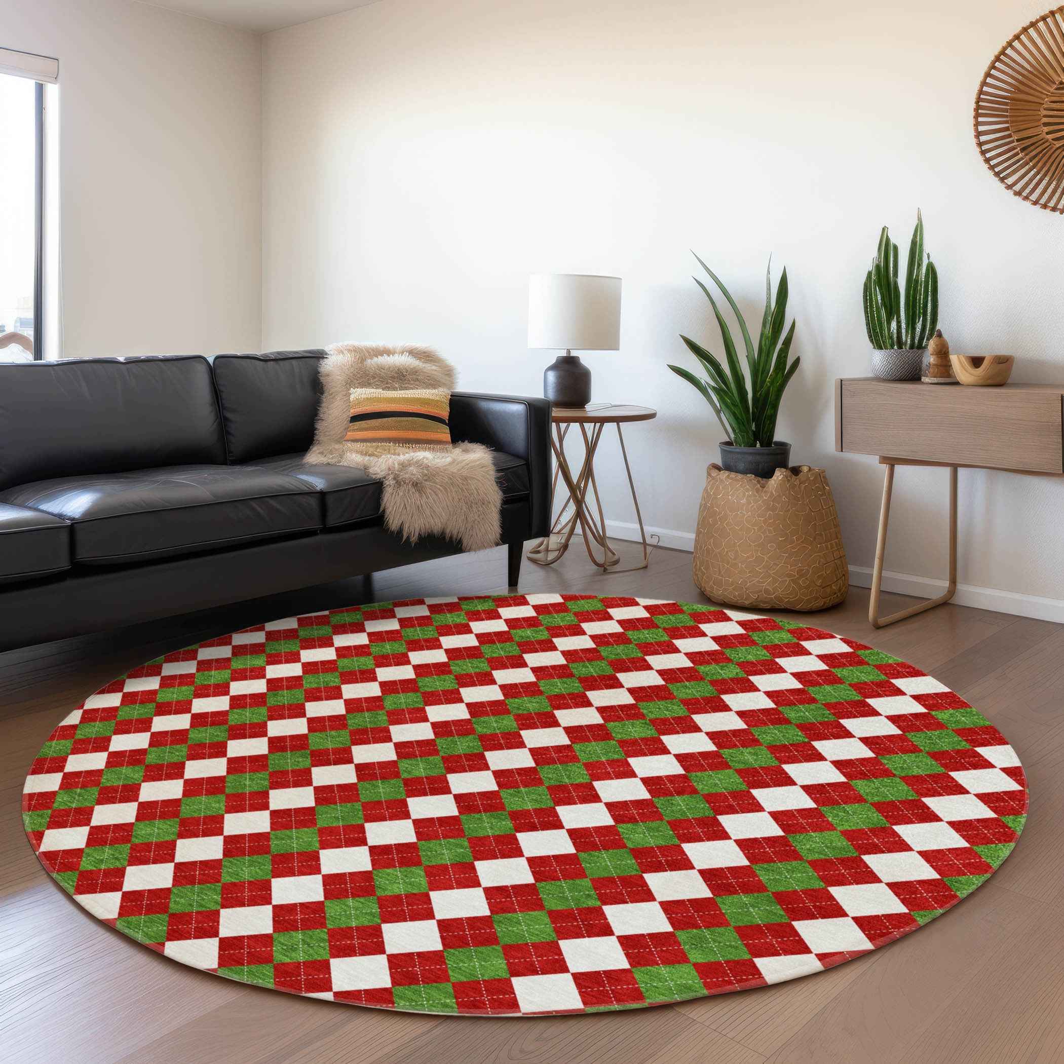 8' Red White And Green Round Argyle Washable Indoor Outdoor Area Rug