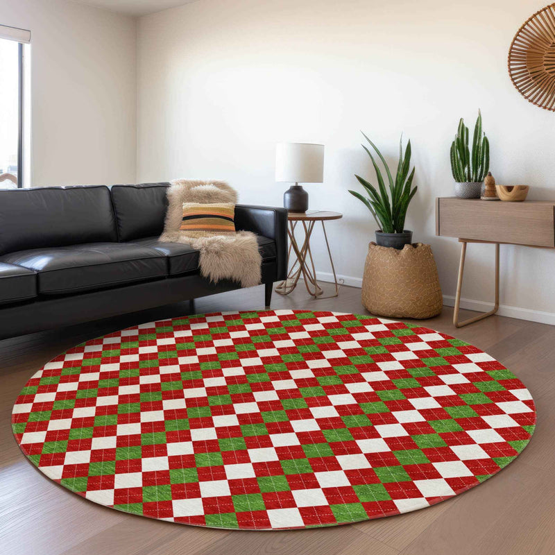 8' Red White And Green Round Argyle Washable Indoor Outdoor Area Rug