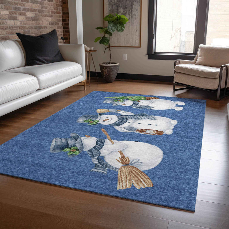 5' X 8' Navy Blue Denim Blue And Ivory Botanical Leaves Washable Indoor Outdoor Area Rug
