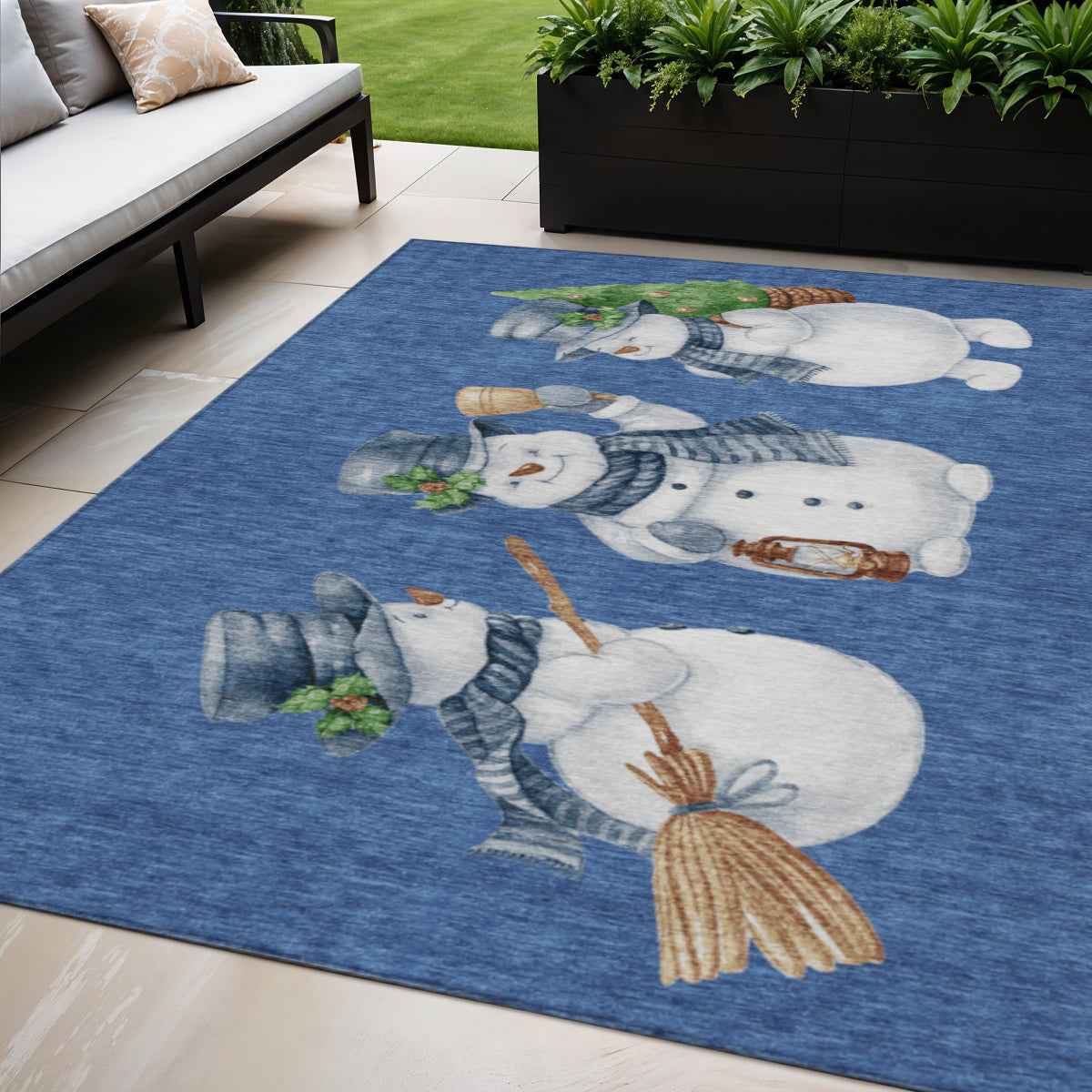 5' X 8' Navy Blue Denim Blue And Ivory Botanical Leaves Washable Indoor Outdoor Area Rug