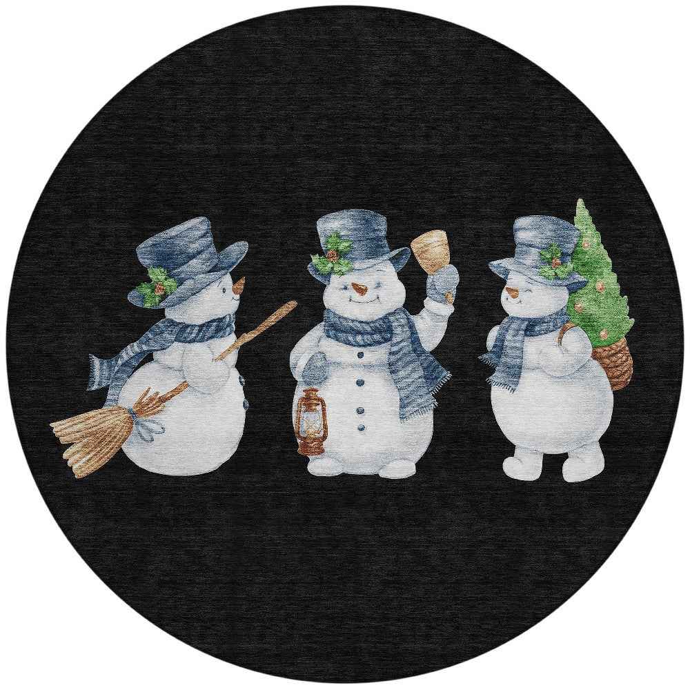 8' Black Denim Blue And Ivory Round Botanical Leaves Washable Indoor Outdoor Area Rug