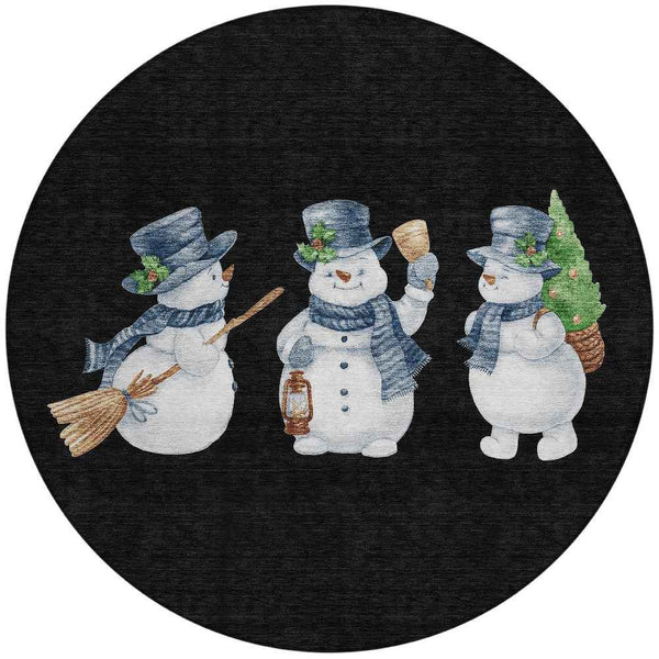 8' Black Denim Blue And Ivory Round Botanical Leaves Washable Indoor Outdoor Area Rug