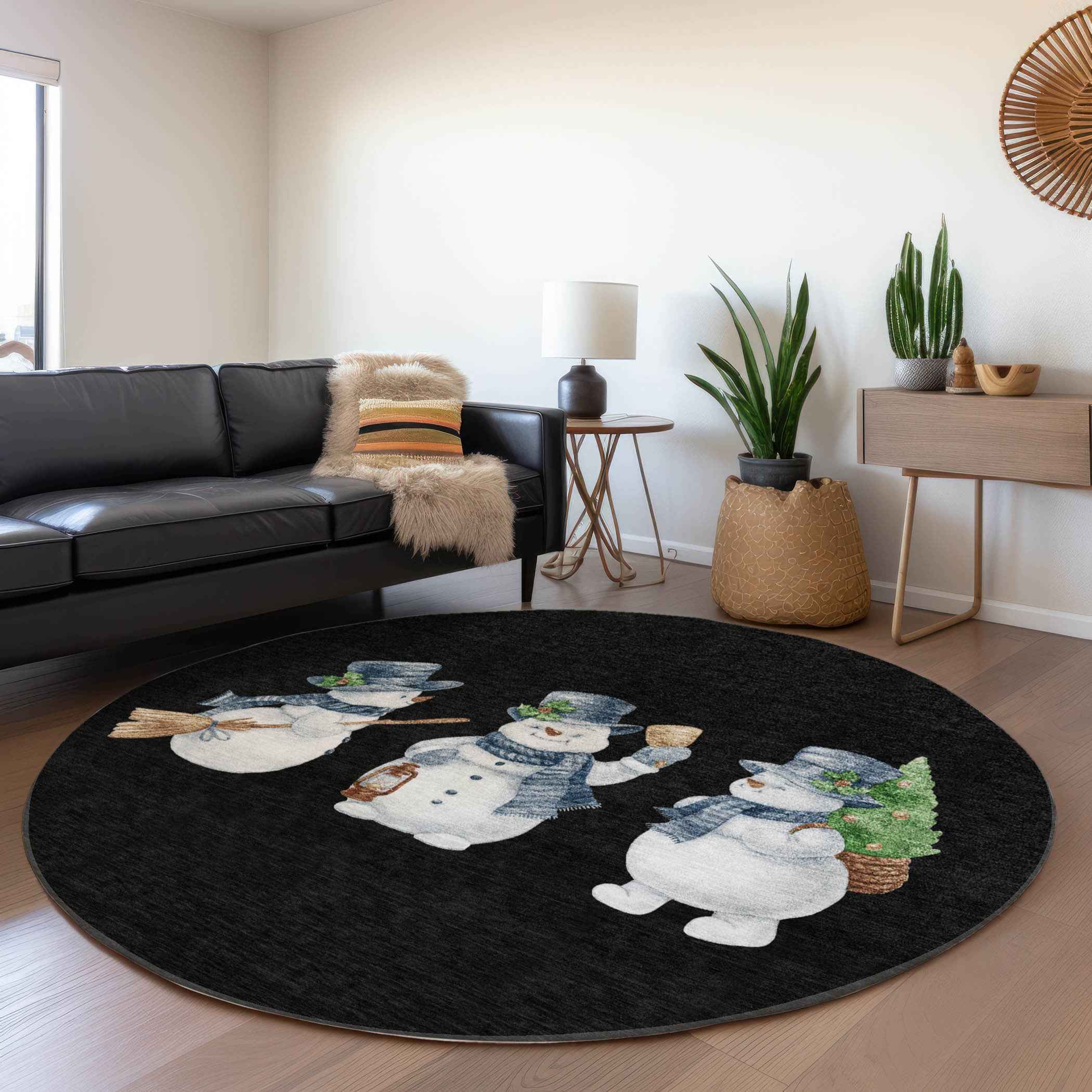 8' Black Denim Blue And Ivory Round Botanical Leaves Washable Indoor Outdoor Area Rug