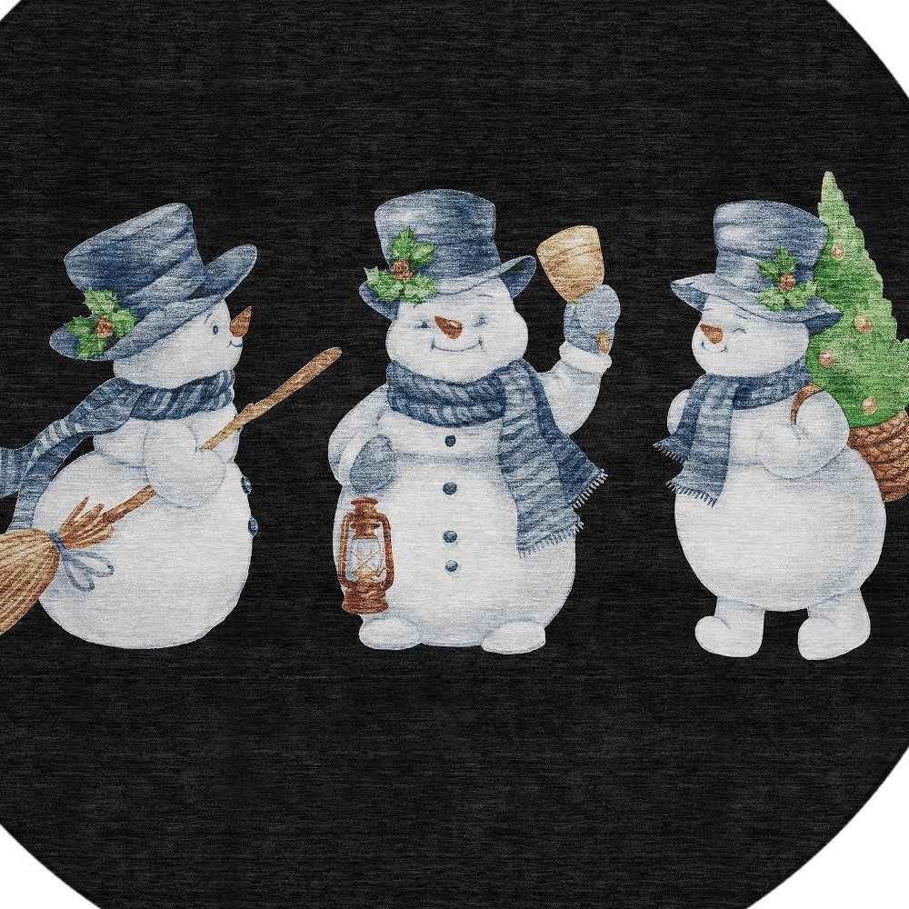 8' Black Denim Blue And Ivory Round Botanical Leaves Washable Indoor Outdoor Area Rug