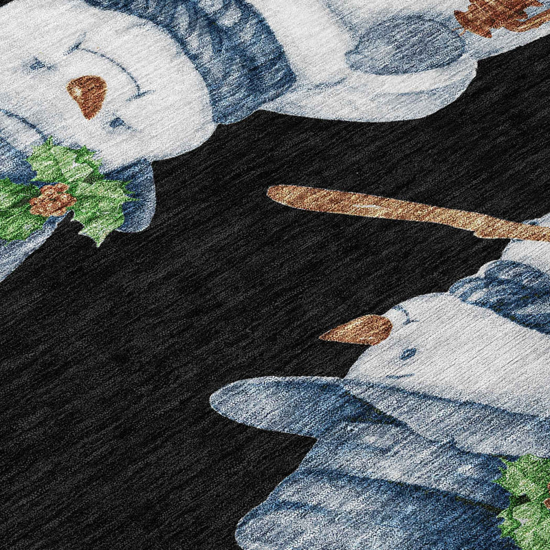 8' Black Denim Blue And Ivory Round Botanical Leaves Washable Indoor Outdoor Area Rug