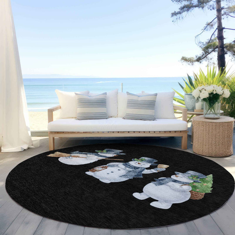 8' Black Denim Blue And Ivory Round Botanical Leaves Washable Indoor Outdoor Area Rug