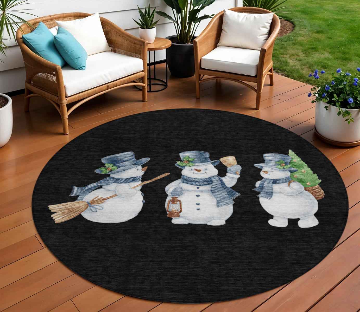 8' Black Denim Blue And Ivory Round Botanical Leaves Washable Indoor Outdoor Area Rug