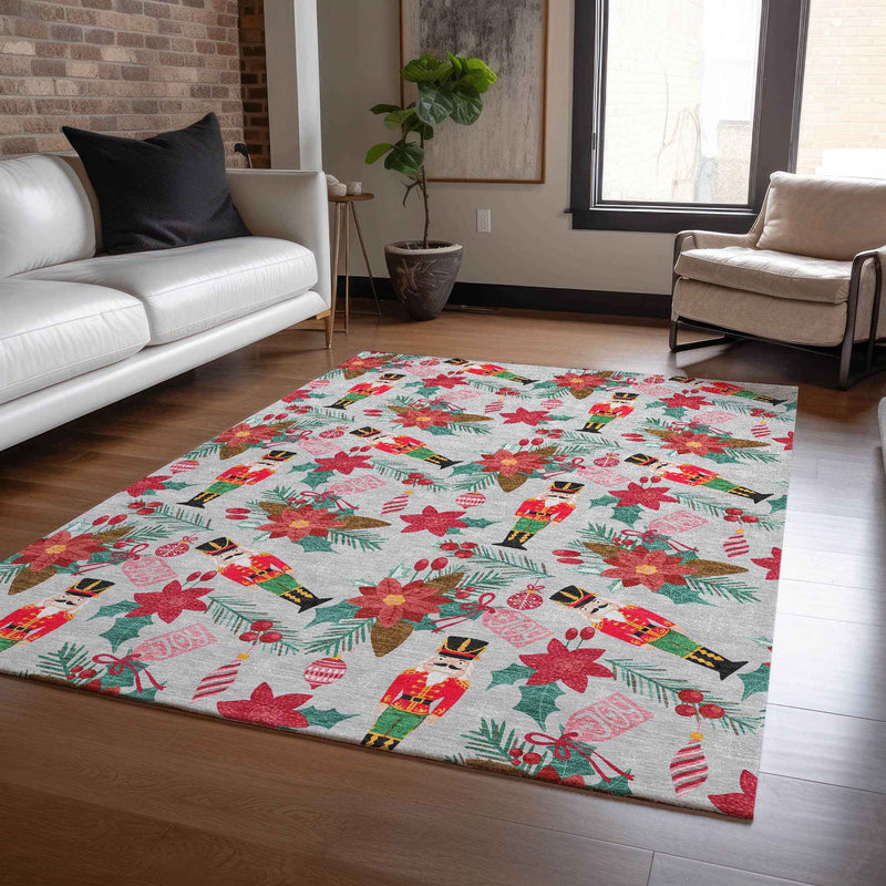 3' X 5' Silver Red Black Pink And Brown Floral Washable Indoor Outdoor Area Rug