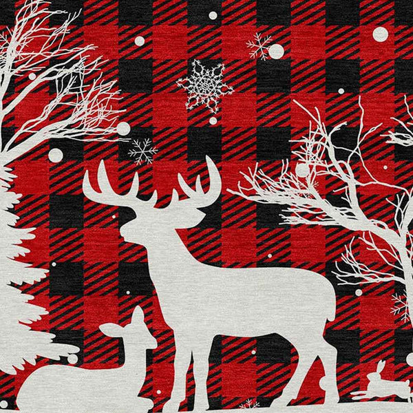 8' Red Black And Ivory Round Plaid Washable Indoor Outdoor Area Rug