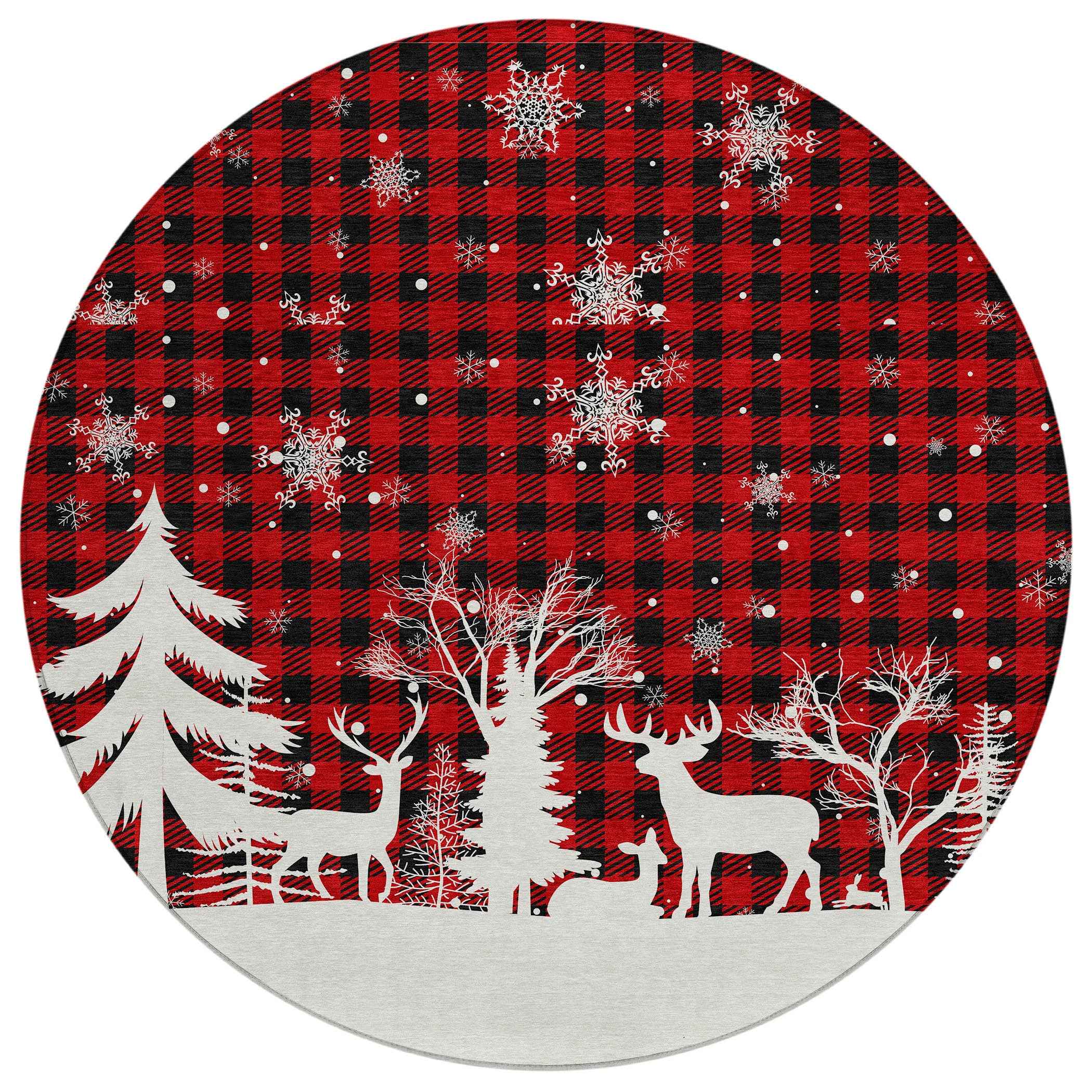 8' Red Black And Ivory Round Plaid Washable Indoor Outdoor Area Rug