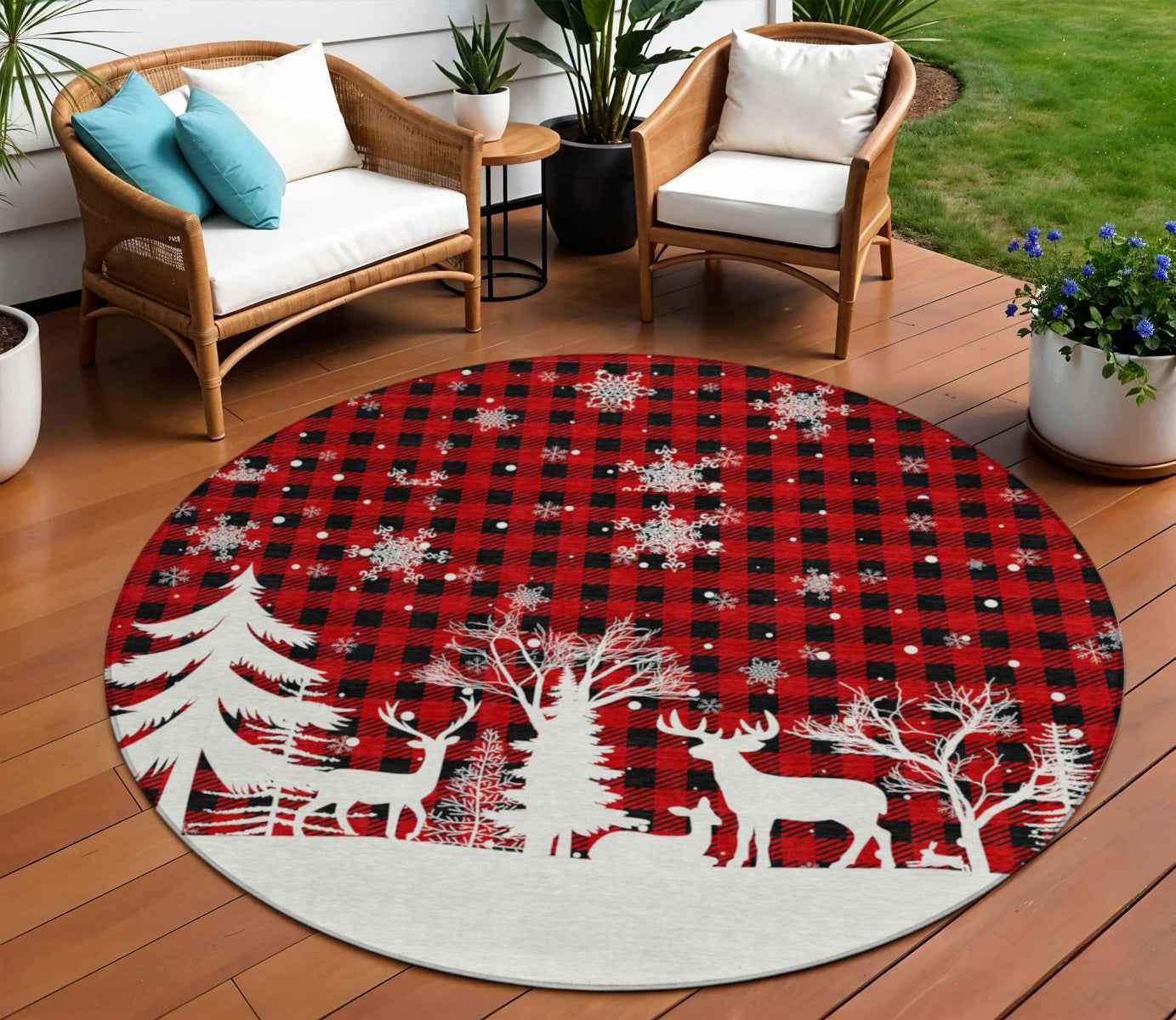8' Red Black And Ivory Round Plaid Washable Indoor Outdoor Area Rug
