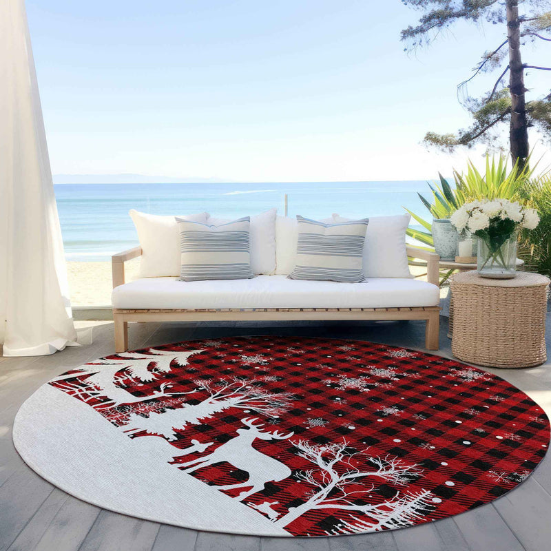 8' Red Black And Ivory Round Plaid Washable Indoor Outdoor Area Rug