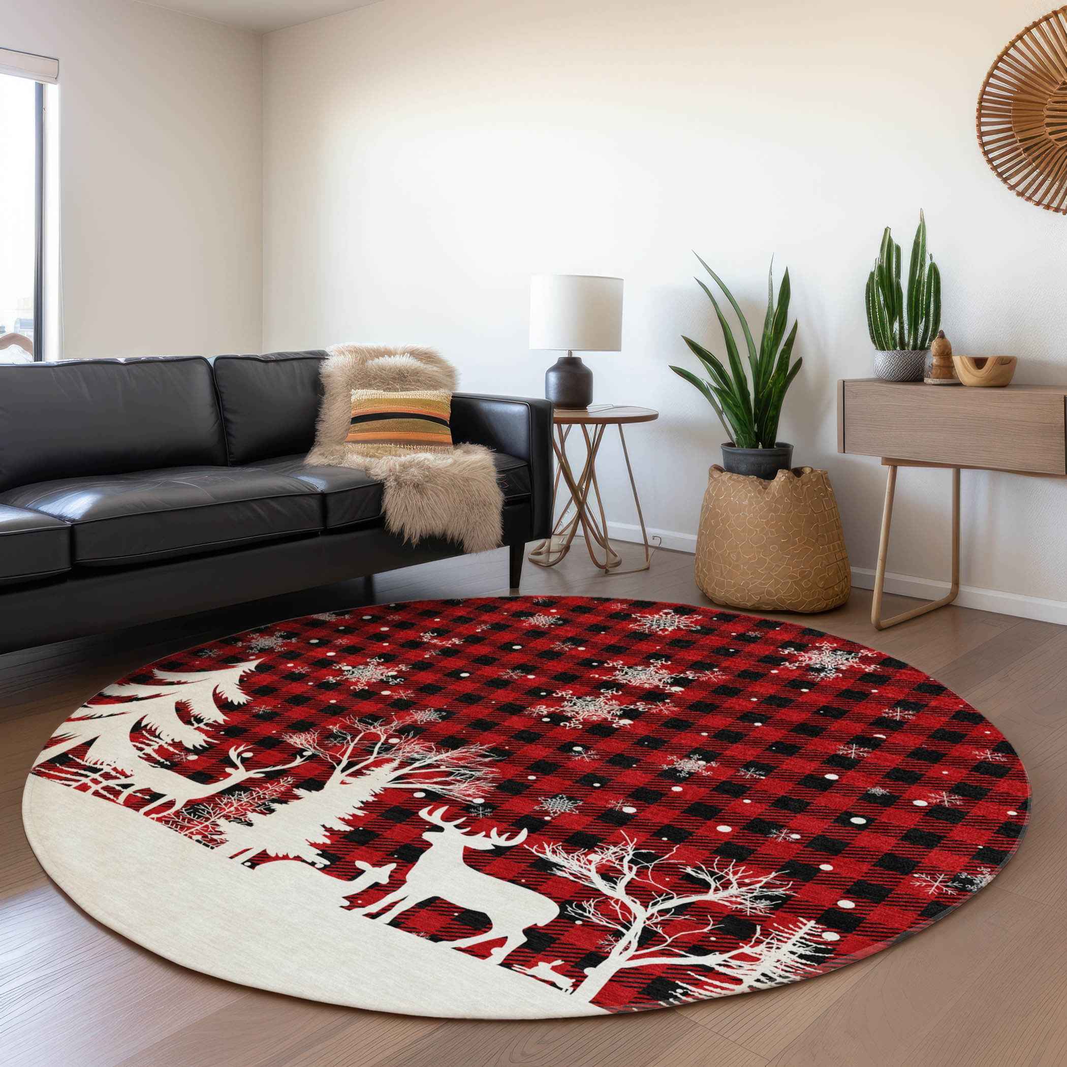 8' Red Black And Ivory Round Plaid Washable Indoor Outdoor Area Rug