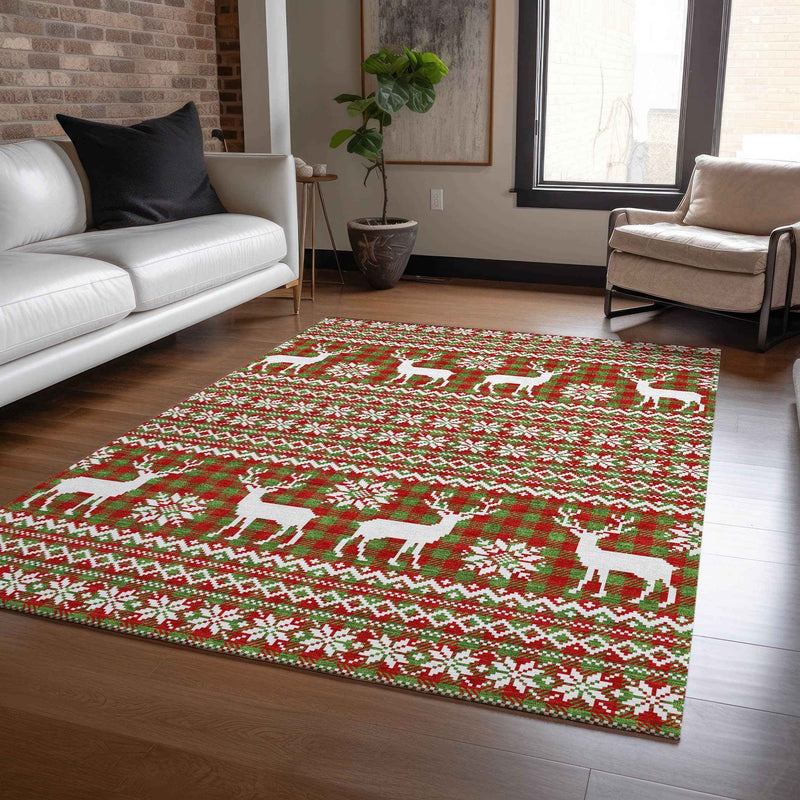 3' X 5' Fern Green Red And Ivory Animal Print Washable Indoor Outdoor Area Rug