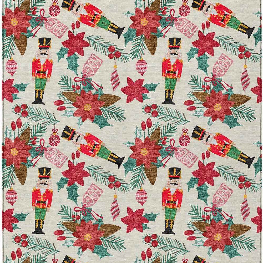 3' X 5' Ivory Red Black Pink And Brown Floral Washable Indoor Outdoor Area Rug