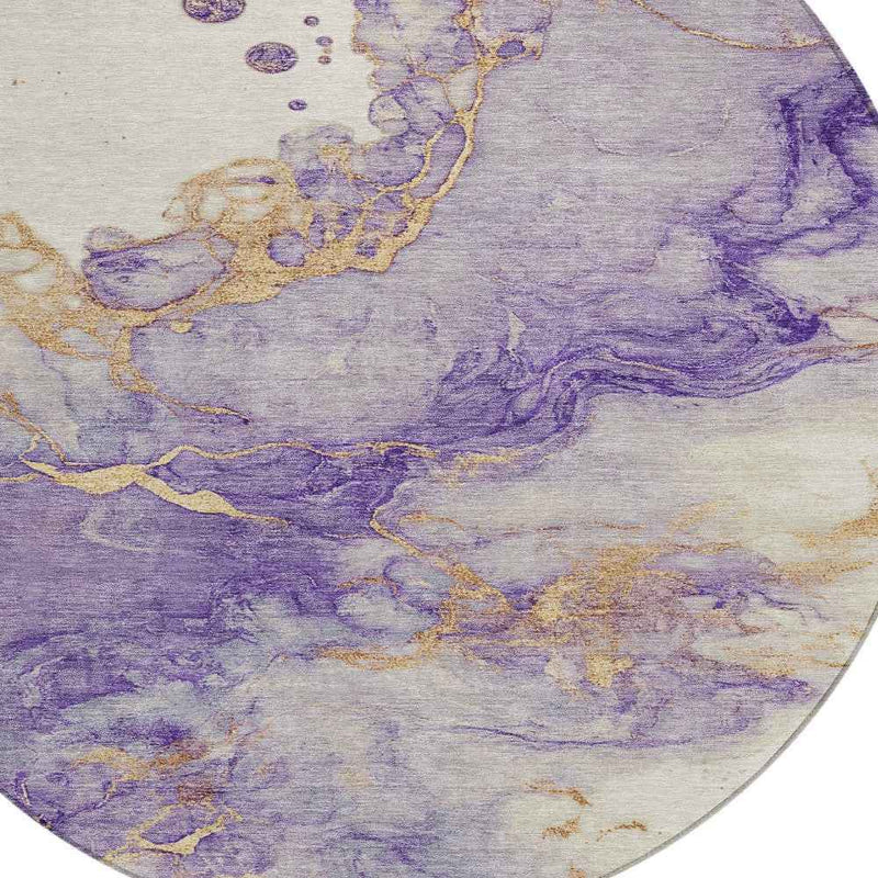 8' Purple And Gold Round Abstract Washable Indoor Outdoor Area Rug