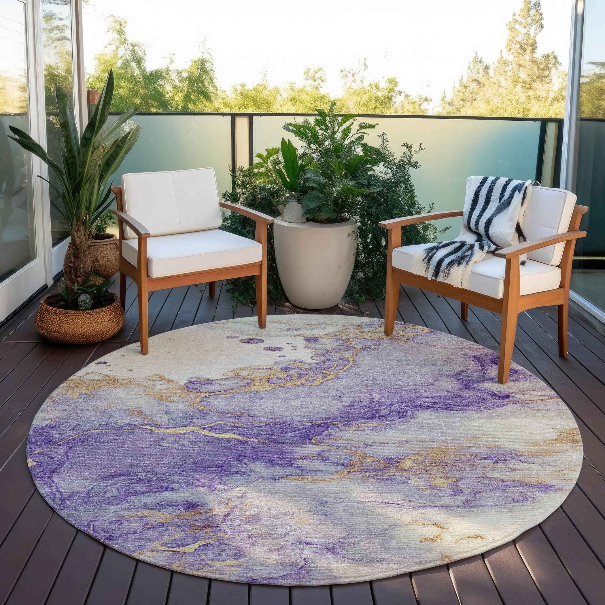 8' Purple And Gold Round Abstract Washable Indoor Outdoor Area Rug