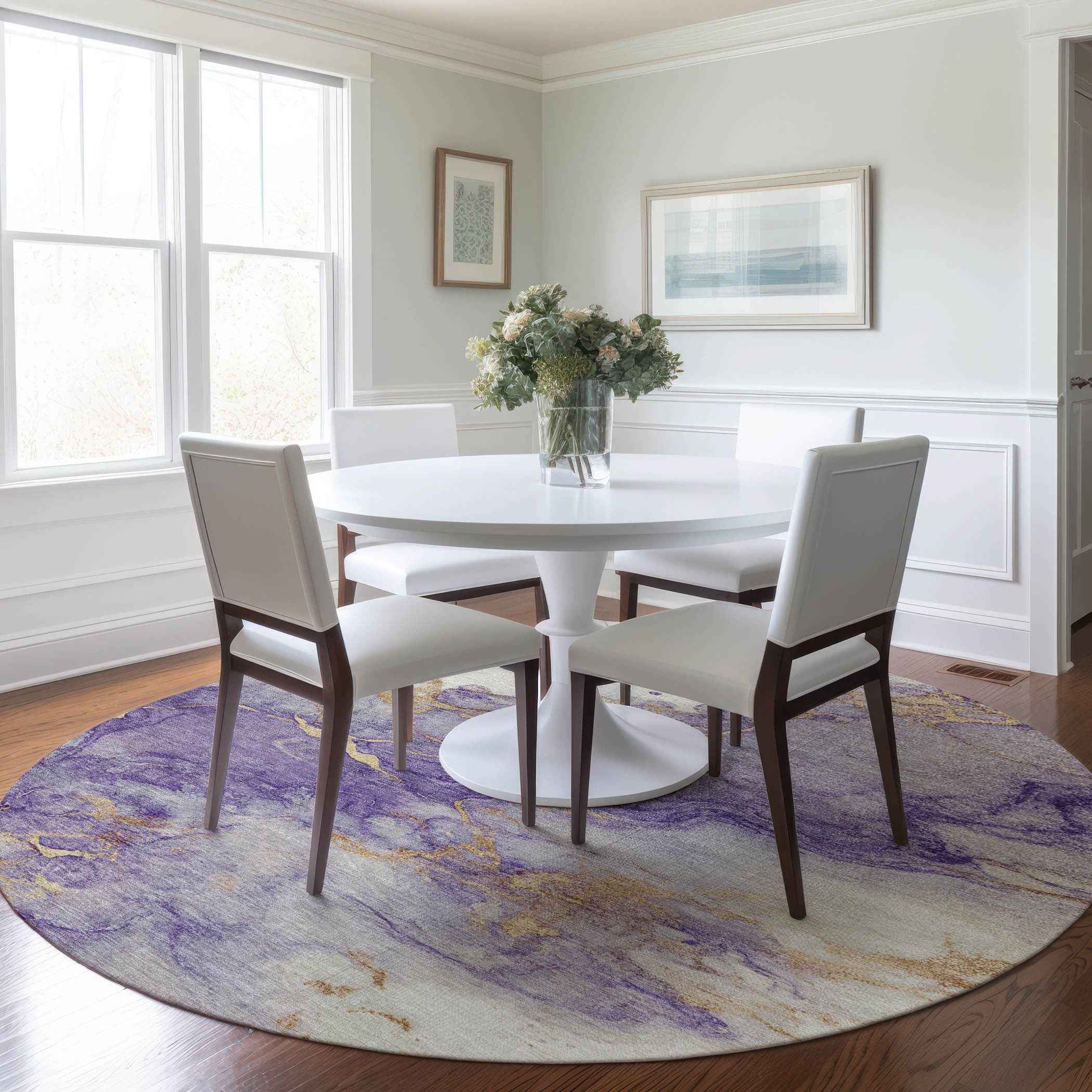 8' Purple And Gold Round Abstract Washable Indoor Outdoor Area Rug