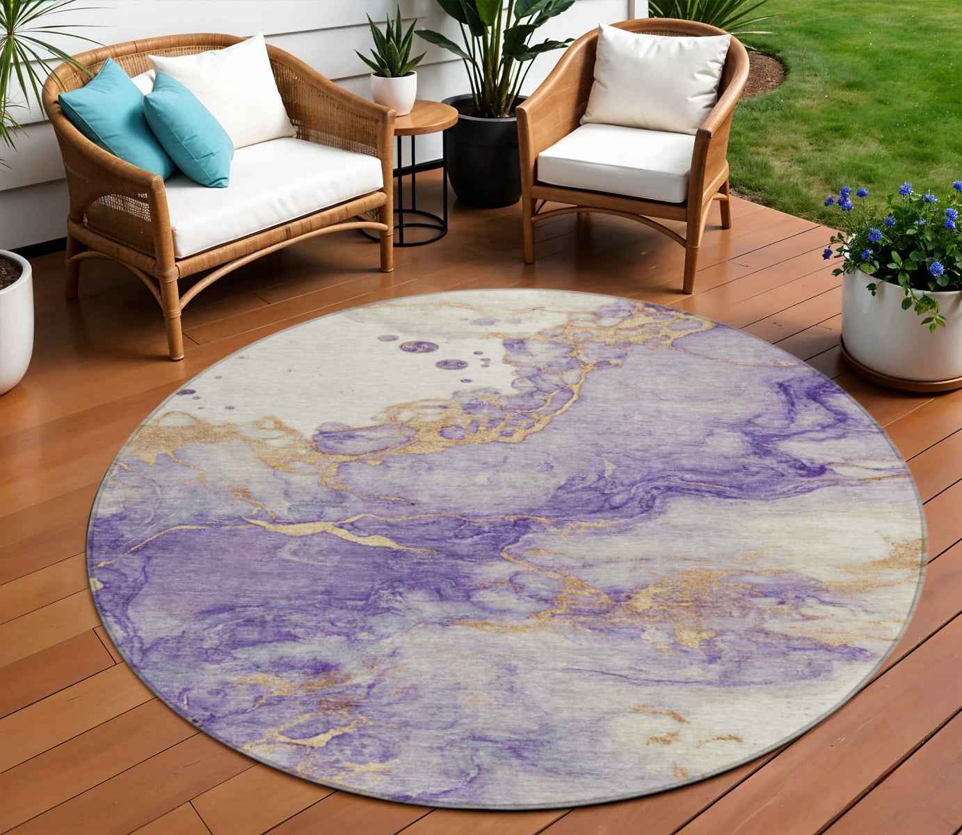8' Purple And Gold Round Abstract Washable Indoor Outdoor Area Rug