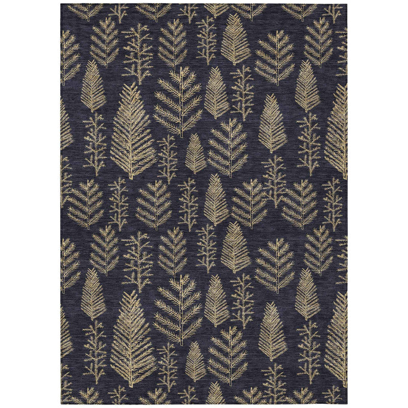 9' X 12' Black And Gold Botanical Leaves Washable Indoor Outdoor Area Rug