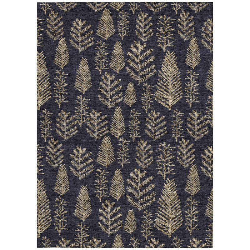 9' X 12' Black And Gold Botanical Leaves Washable Indoor Outdoor Area Rug