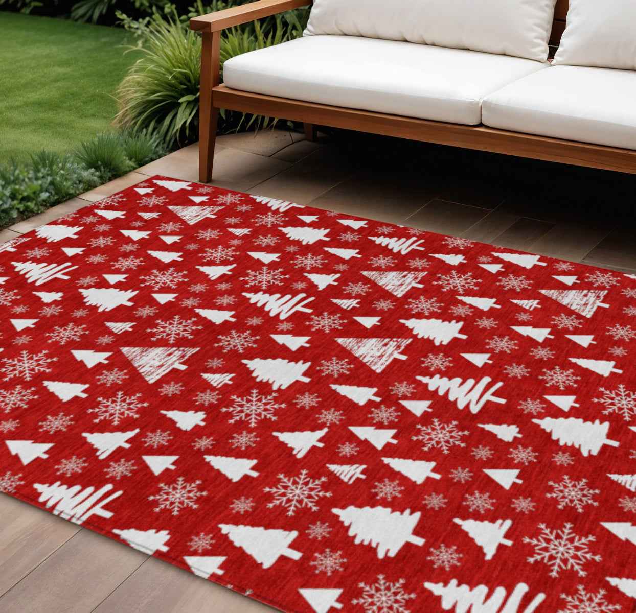10' X 14' Red And Ivory Botanical Leaves Washable Indoor Outdoor Area Rug