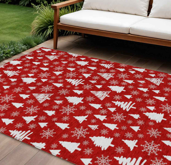 10' X 14' Red And Ivory Botanical Leaves Washable Indoor Outdoor Area Rug