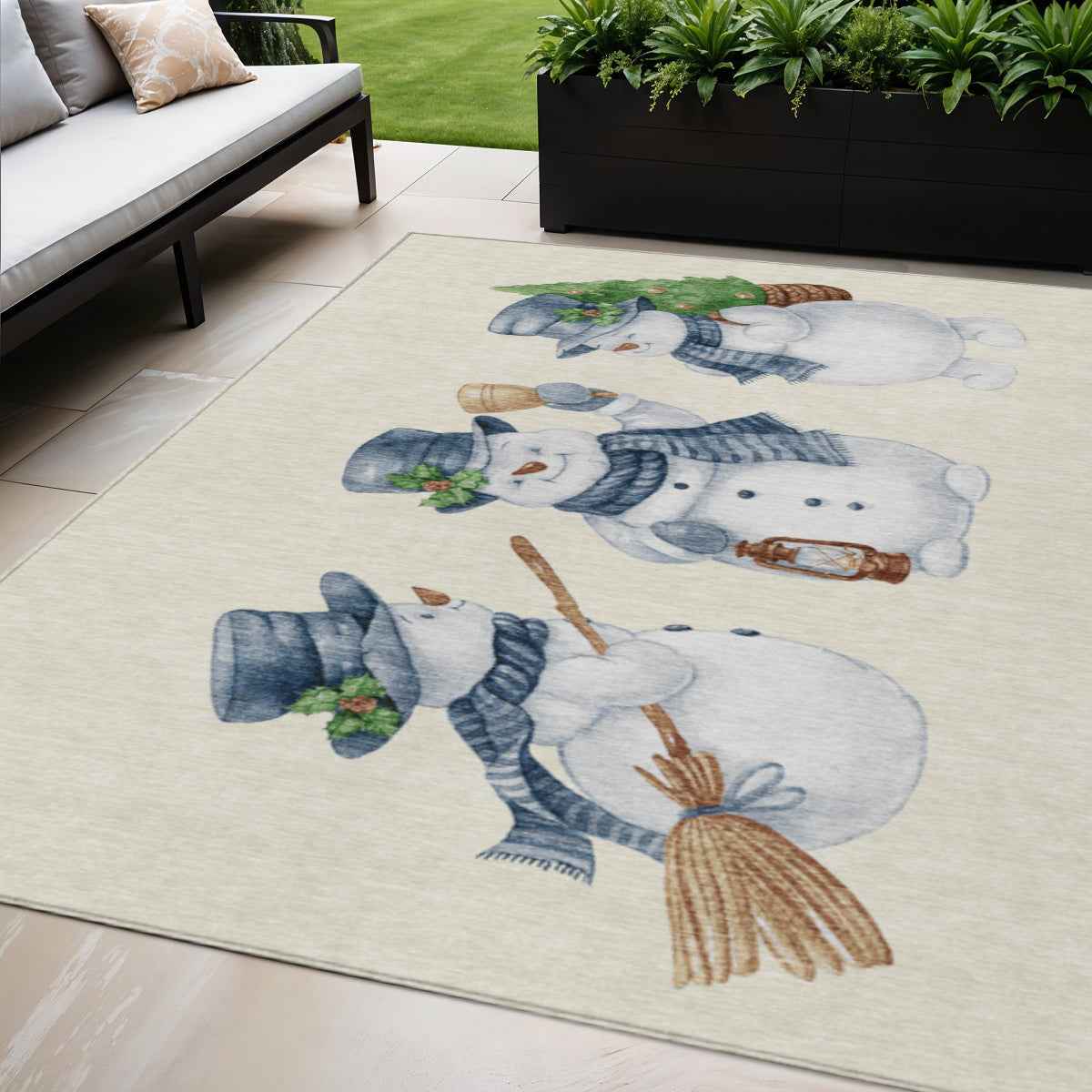 5' X 8' Ivory And Denim Blue Botanical Leaves Washable Indoor Outdoor Area Rug
