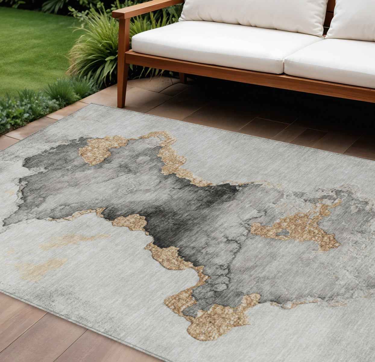 10' X 14' Gray And Gold Abstract Washable Indoor Outdoor Area Rug
