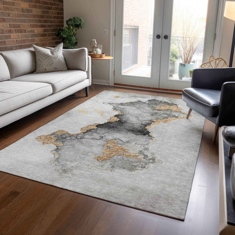 10' X 14' Gray And Gold Abstract Washable Indoor Outdoor Area Rug