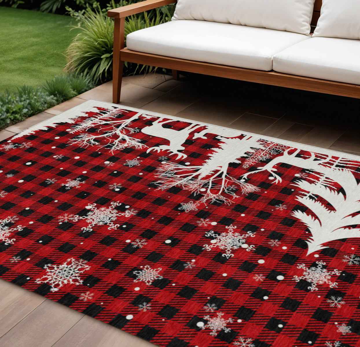 9' X 12' Red Black And Ivory Plaid Washable Indoor Outdoor Area Rug