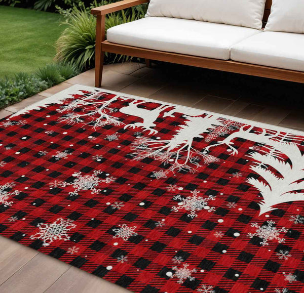 9' X 12' Red Black And Ivory Plaid Washable Indoor Outdoor Area Rug