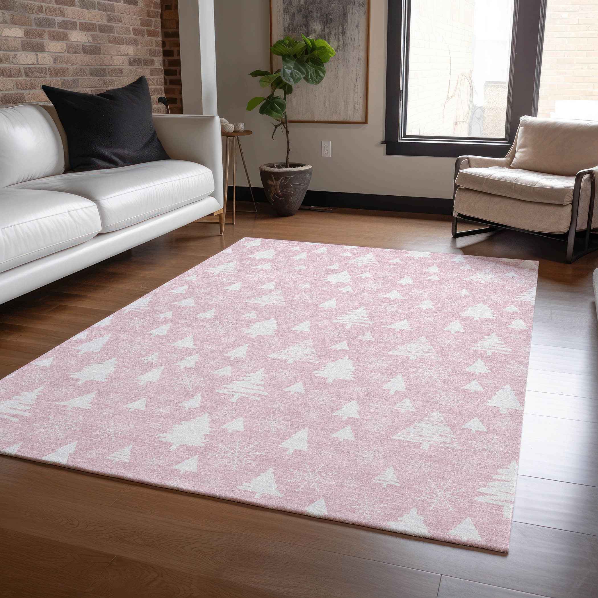 8' X 10' Pink And Ivory Botanical Leaves Washable Indoor Outdoor Area Rug