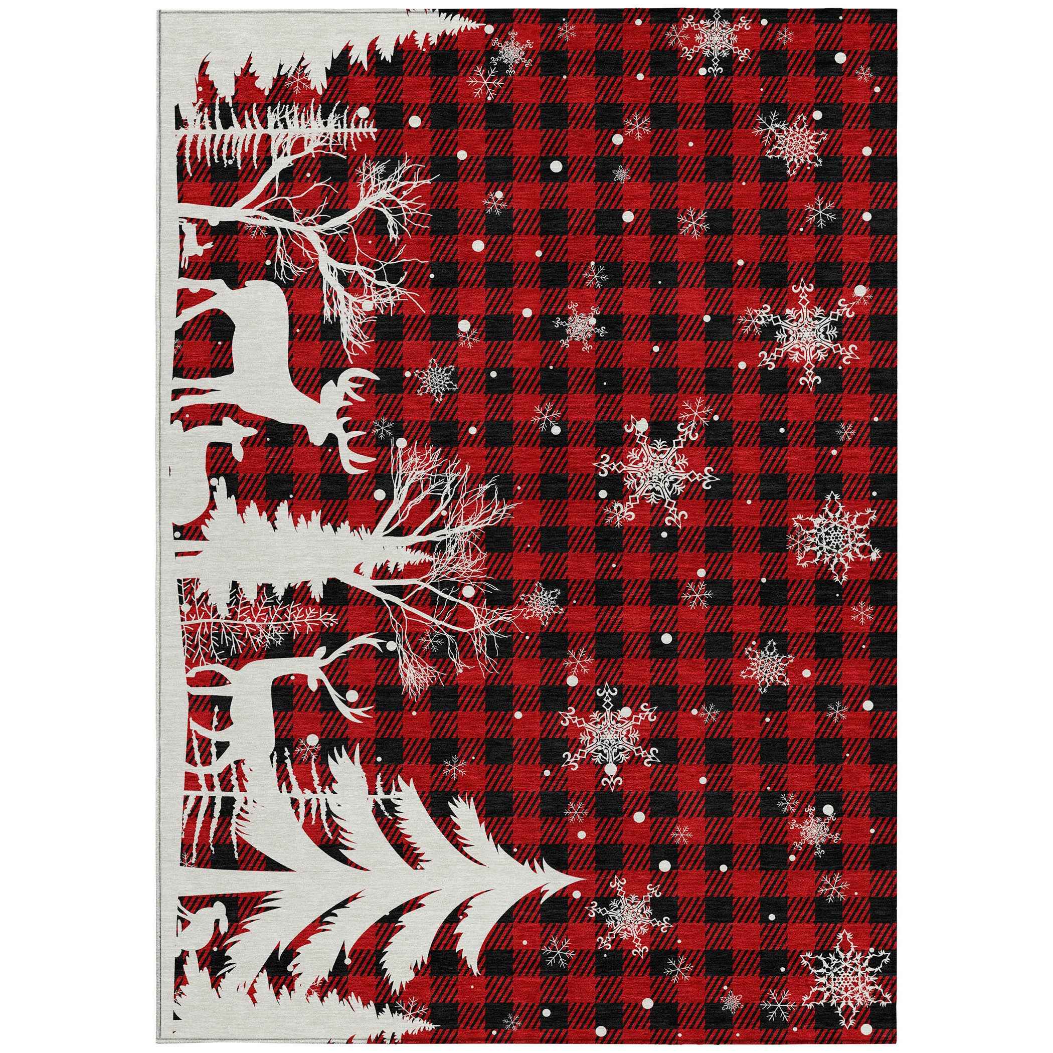 9' X 12' Red Black And Ivory Plaid Washable Indoor Outdoor Area Rug