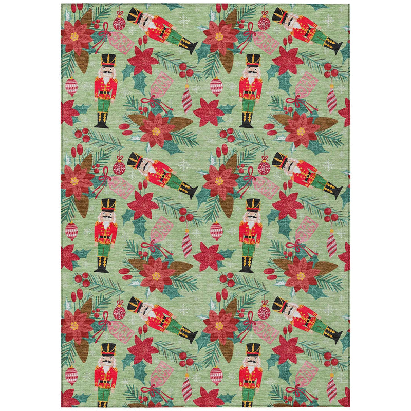 5' X 8' Artichoke Green Red Black Pink And Brown Floral Washable Indoor Outdoor Area Rug