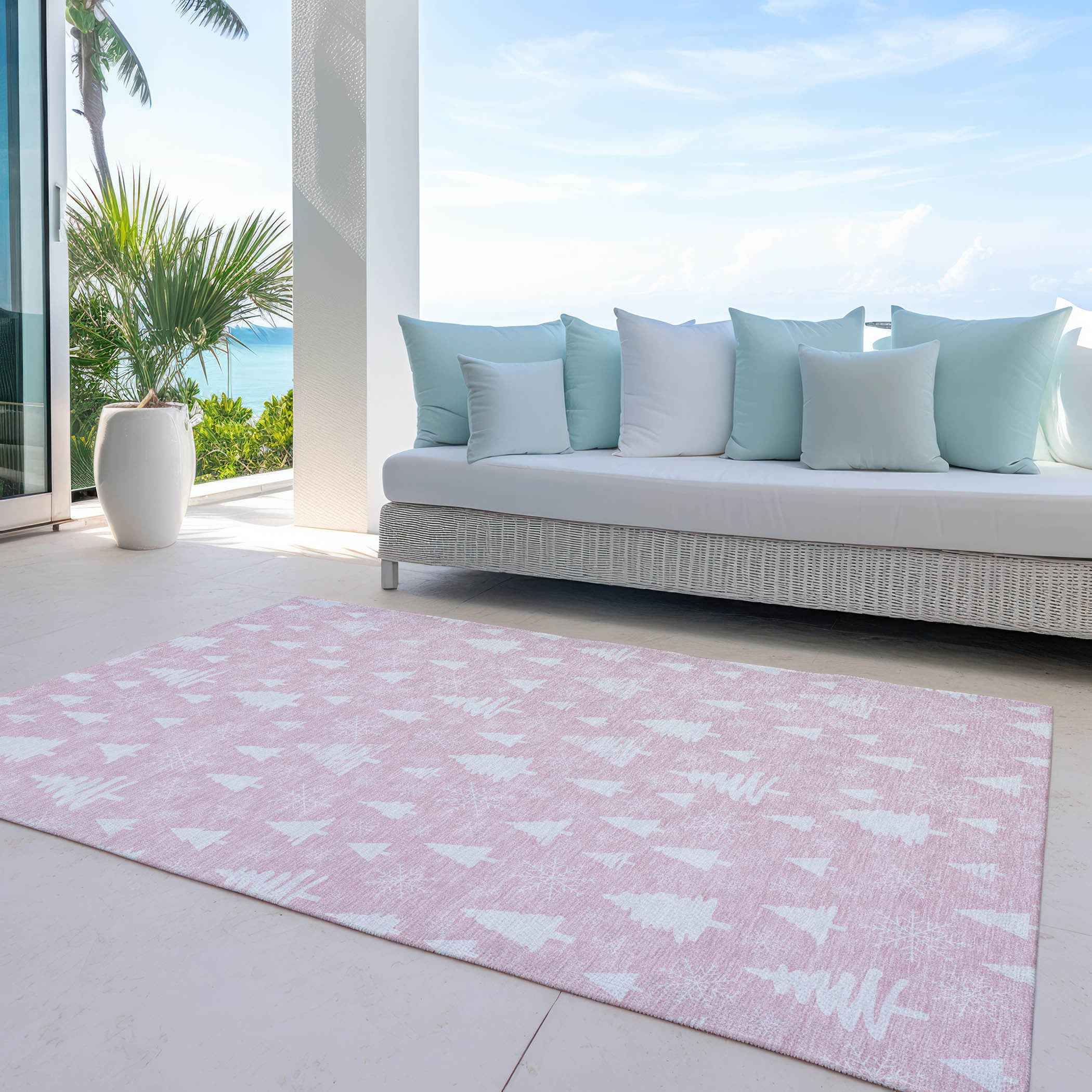 8' X 10' Pink And Ivory Botanical Leaves Washable Indoor Outdoor Area Rug