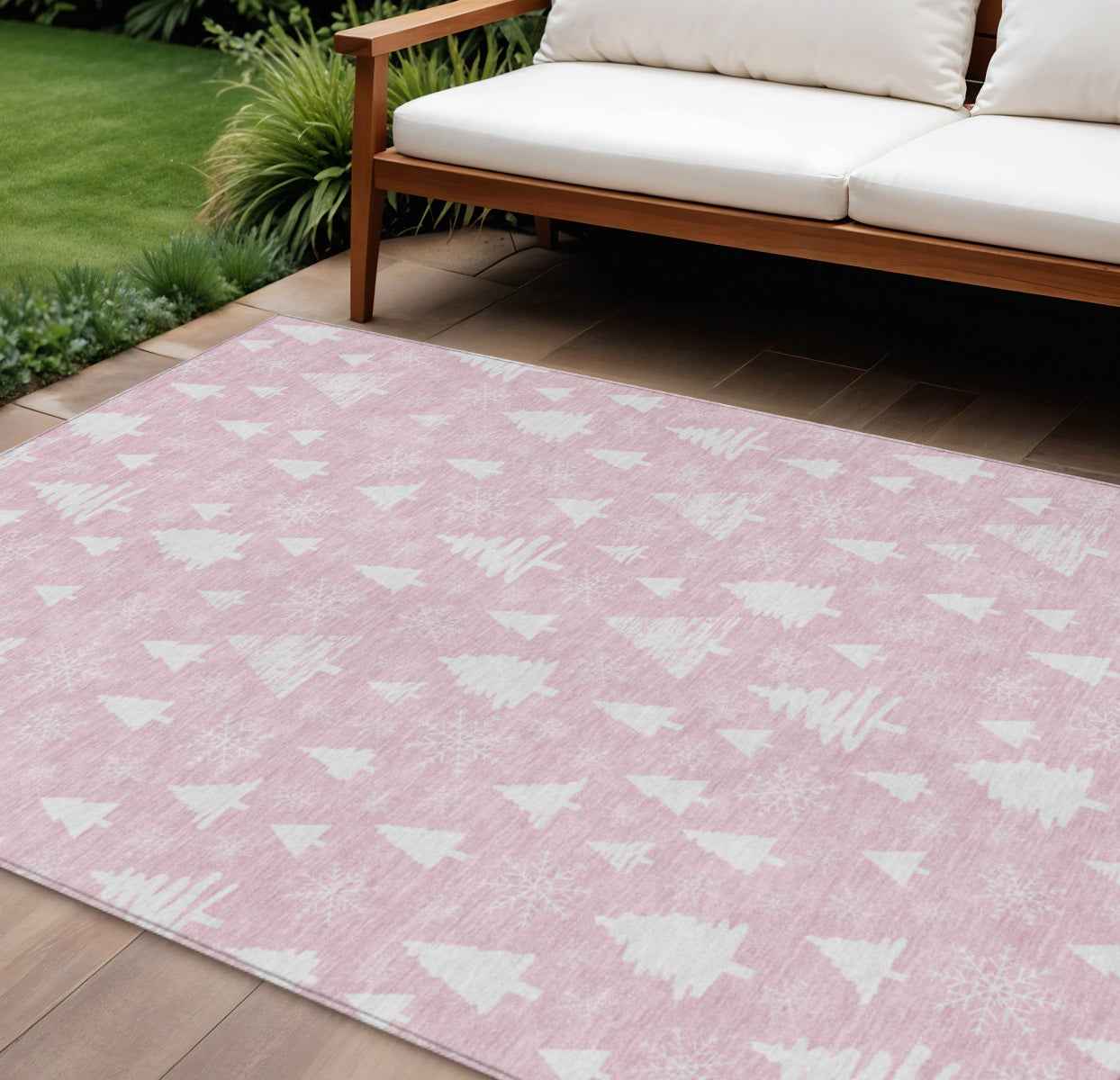 8' X 10' Pink And Ivory Botanical Leaves Washable Indoor Outdoor Area Rug