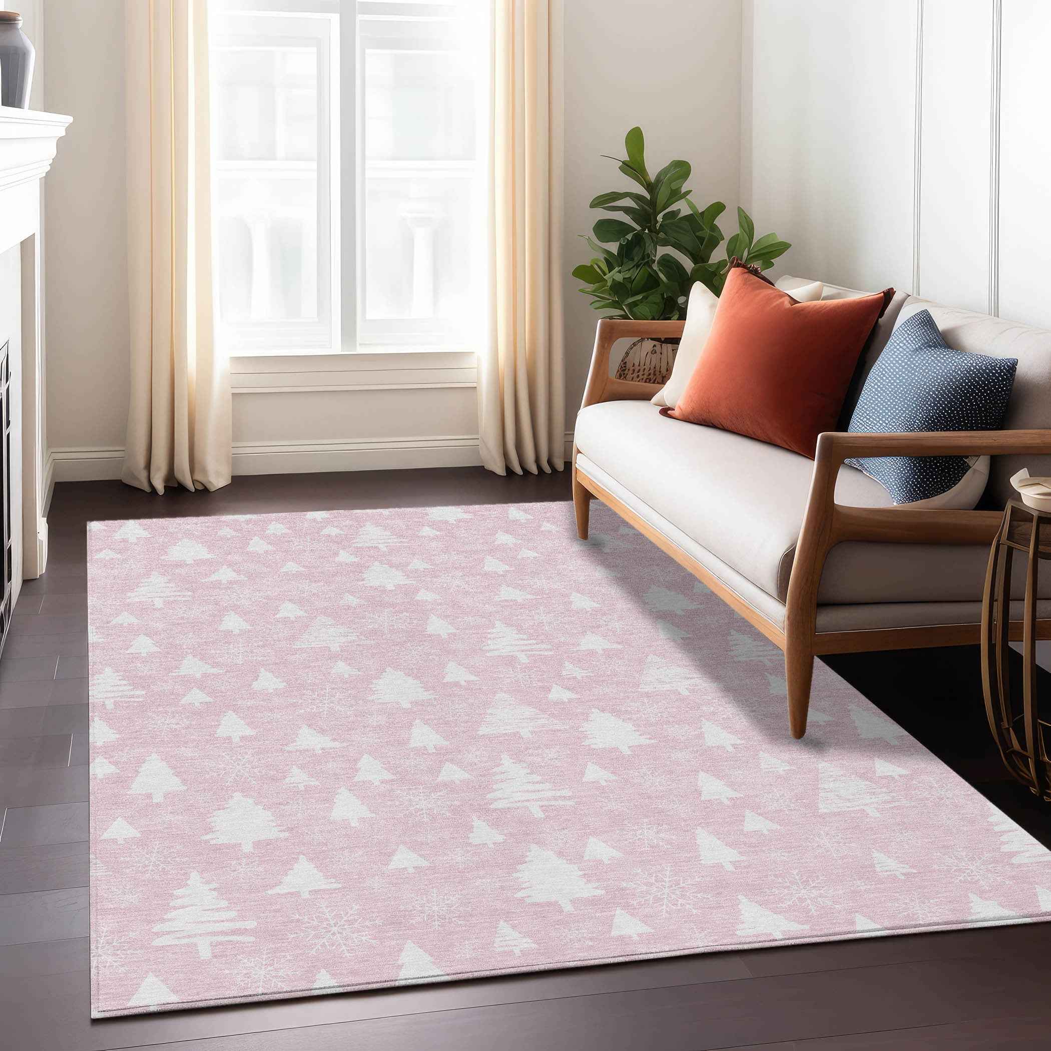 8' X 10' Pink And Ivory Botanical Leaves Washable Indoor Outdoor Area Rug
