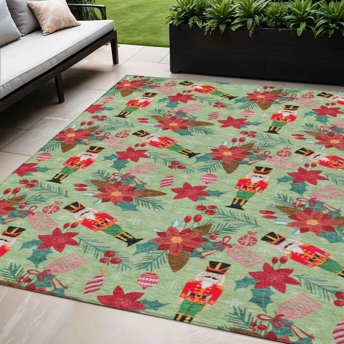 5' X 8' Artichoke Green Red Black Pink And Brown Floral Washable Indoor Outdoor Area Rug