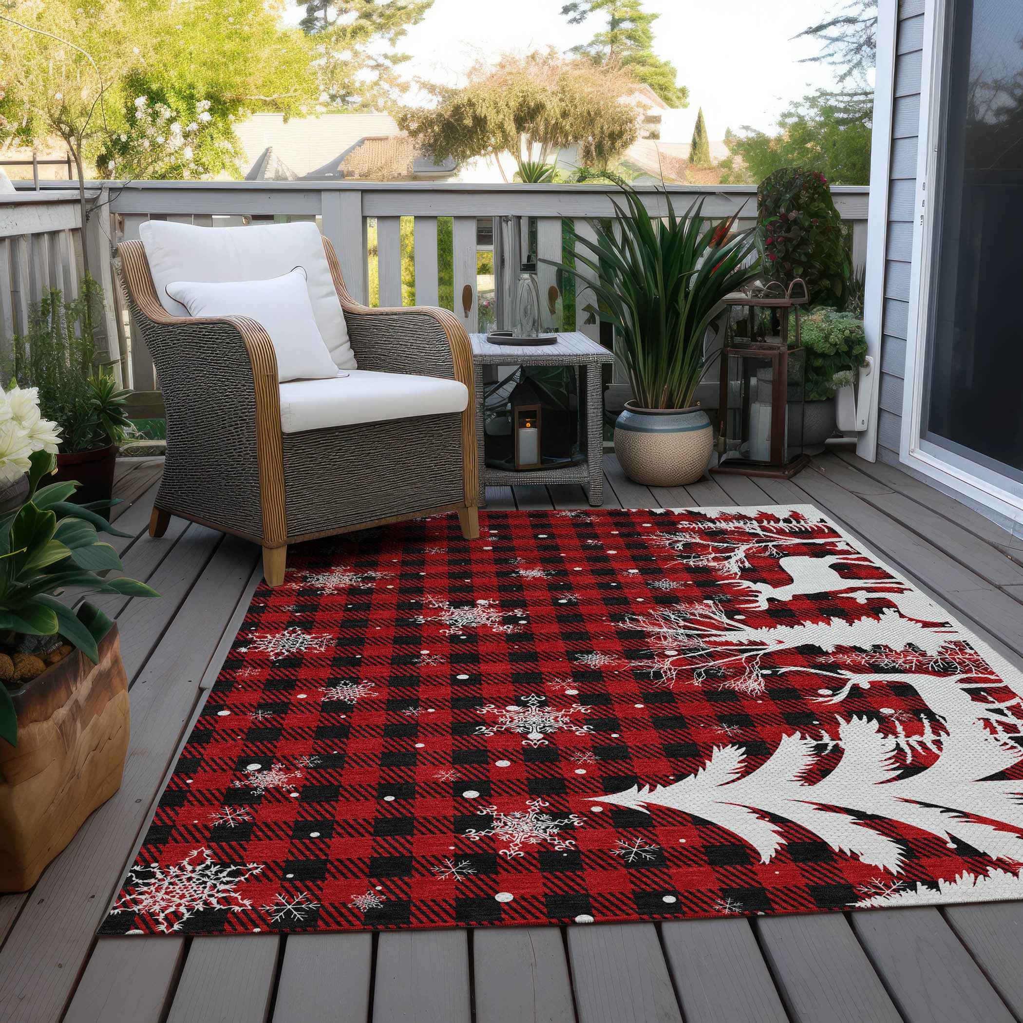 9' X 12' Red Black And Ivory Plaid Washable Indoor Outdoor Area Rug