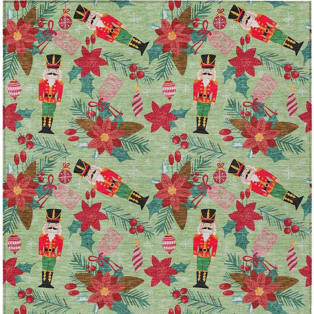 5' X 8' Artichoke Green Red Black Pink And Brown Floral Washable Indoor Outdoor Area Rug