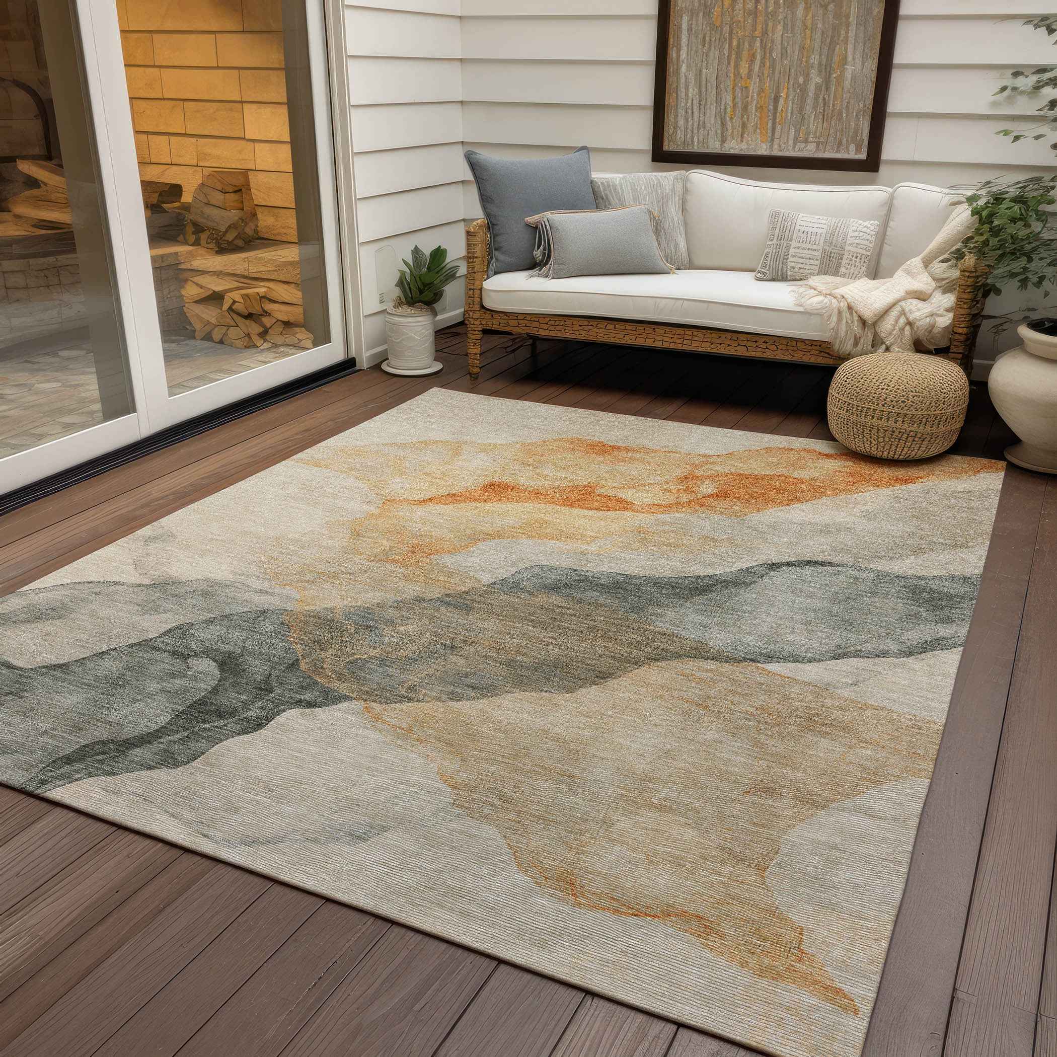 3' X 5' Orange And Gray Abstract Washable Indoor Outdoor Area Rug