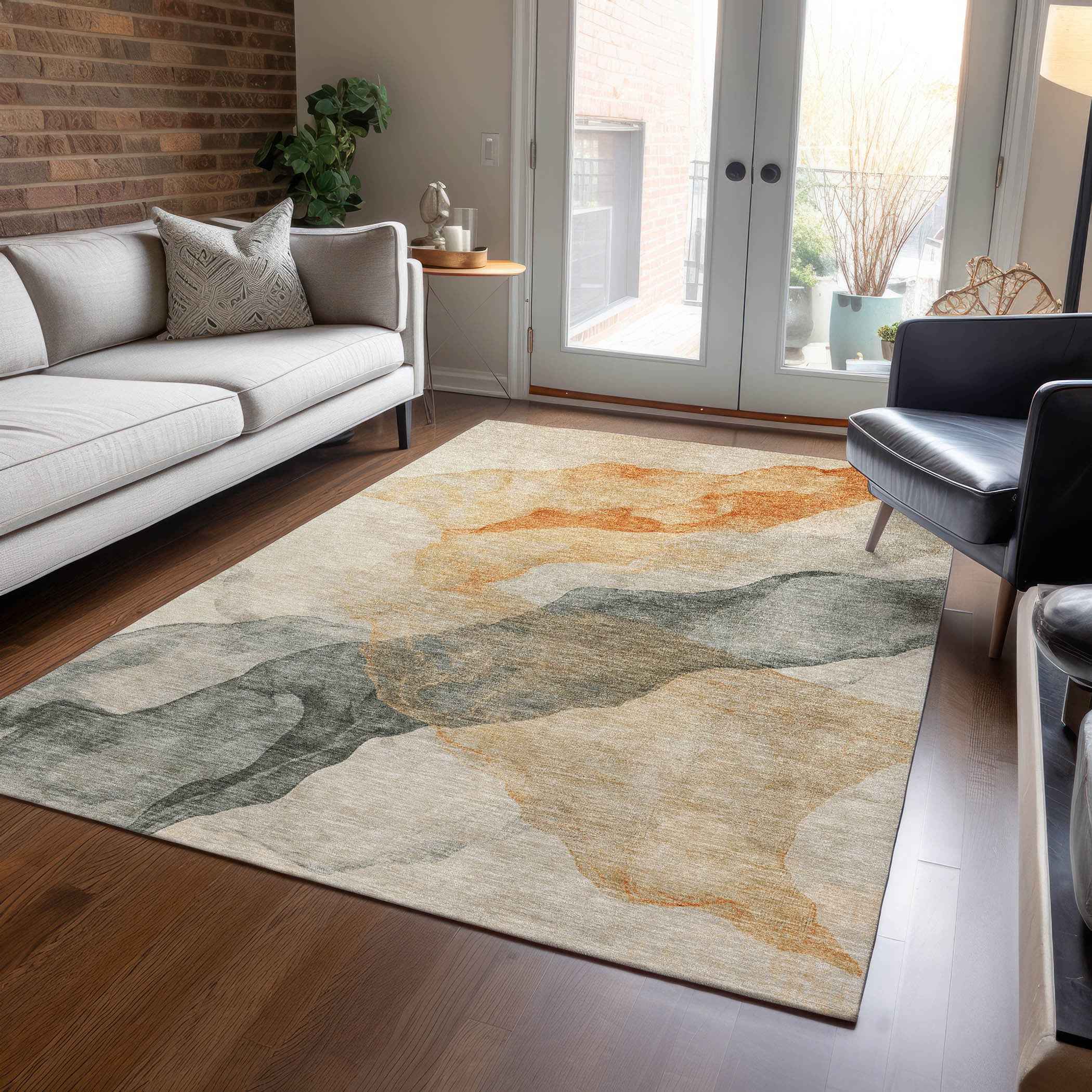 3' X 5' Orange And Gray Abstract Washable Indoor Outdoor Area Rug