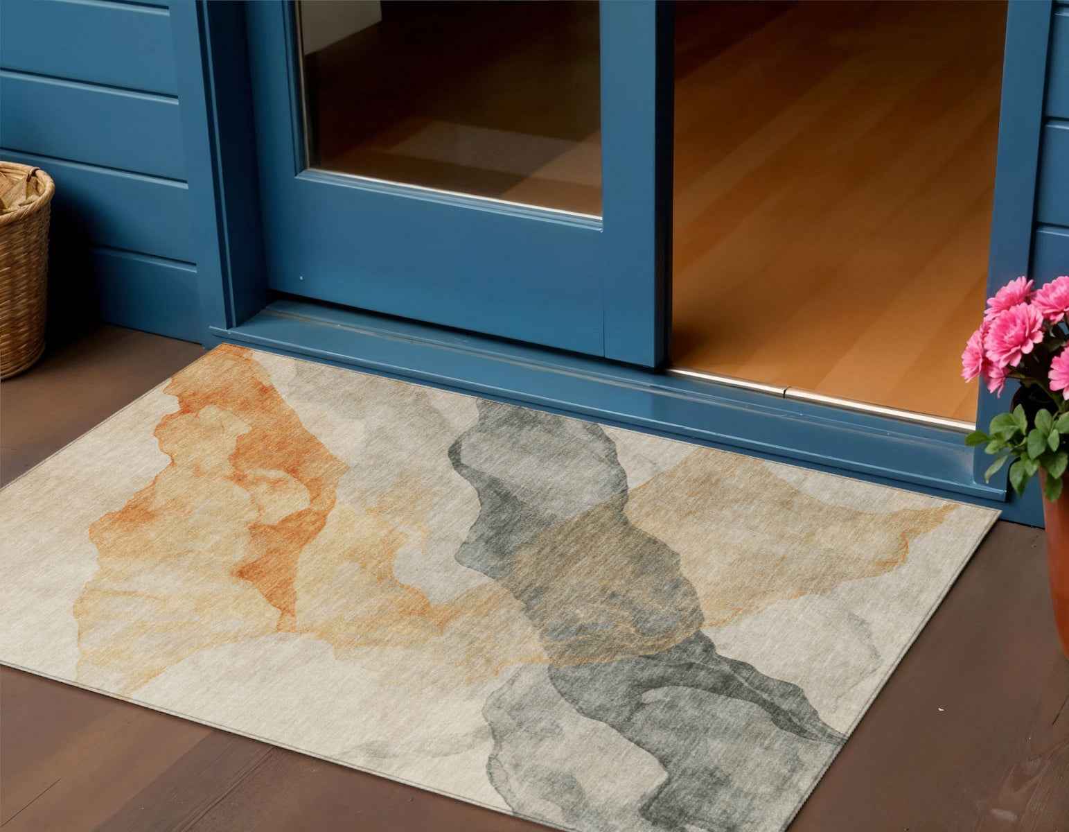 3' X 5' Orange And Gray Abstract Washable Indoor Outdoor Area Rug