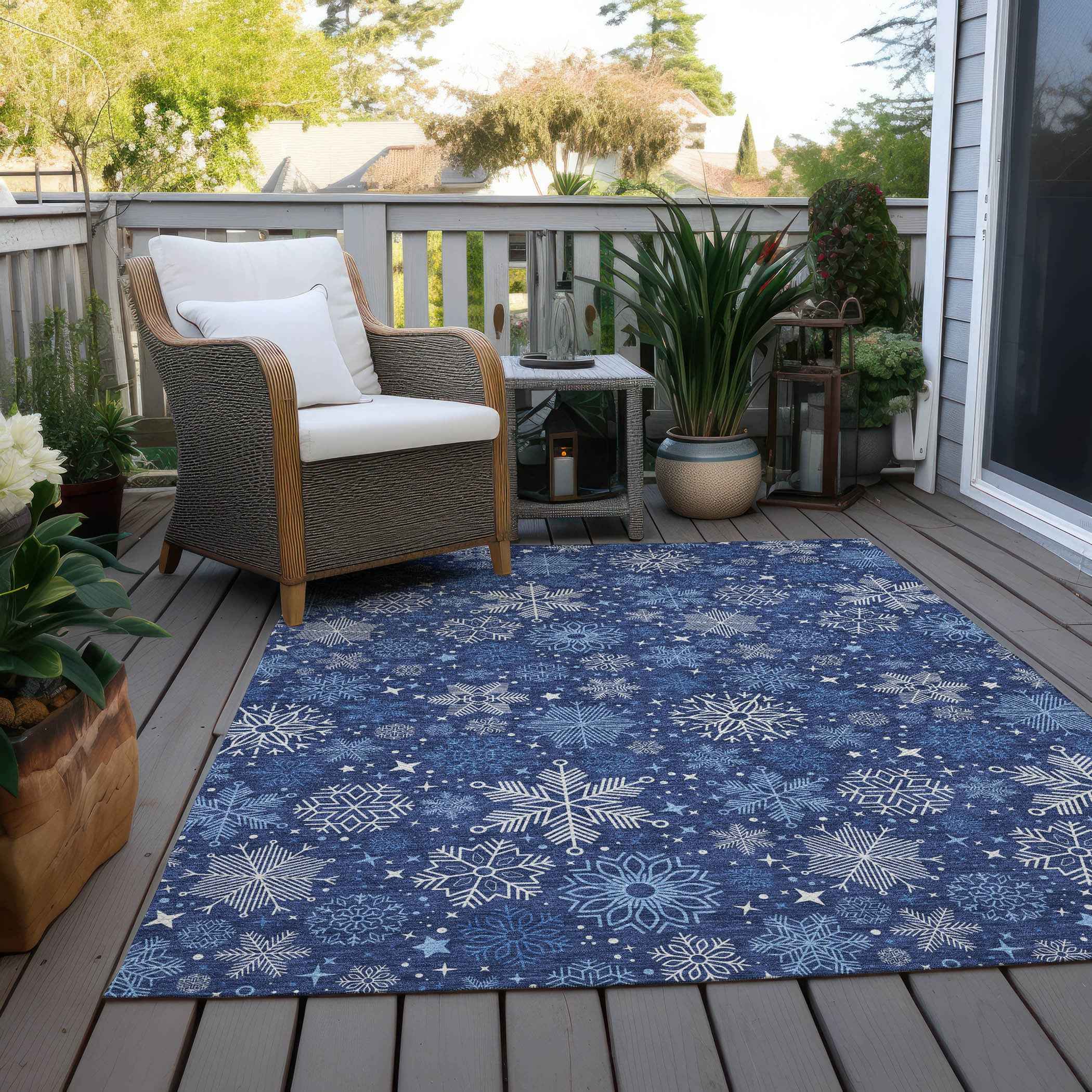 9' X 12' Navy Blue Ivory And Sky Blue Medallion Washable Indoor Outdoor Area Rug