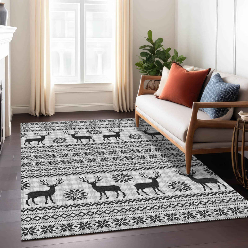 3' X 5' Silver Black And Ivory Animal Print Washable Indoor Outdoor Area Rug