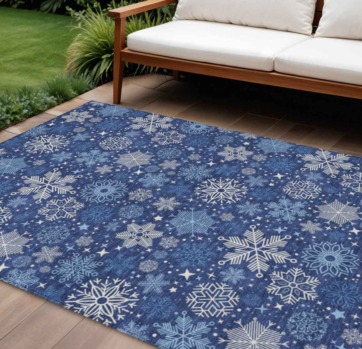 9' X 12' Navy Blue Ivory And Sky Blue Medallion Washable Indoor Outdoor Area Rug