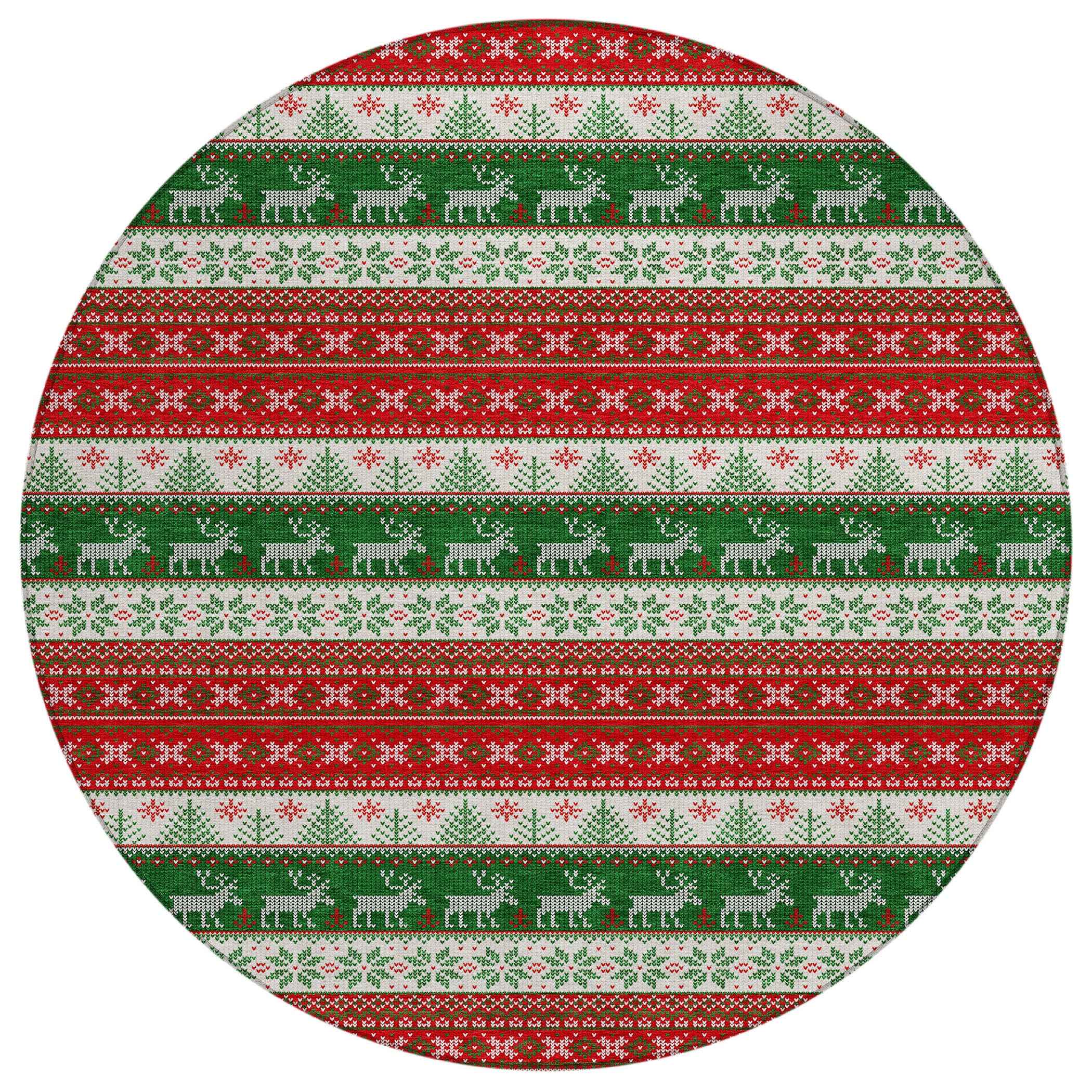 8' Red Green And Ivory Round Animal Print Washable Indoor Outdoor Area Rug